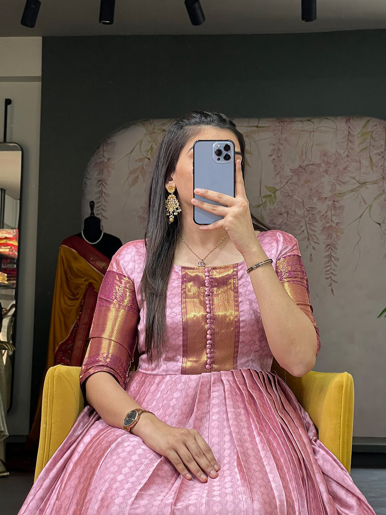 Pink Self-Design Aura Zari Weave Gown Dress ClothsVilla