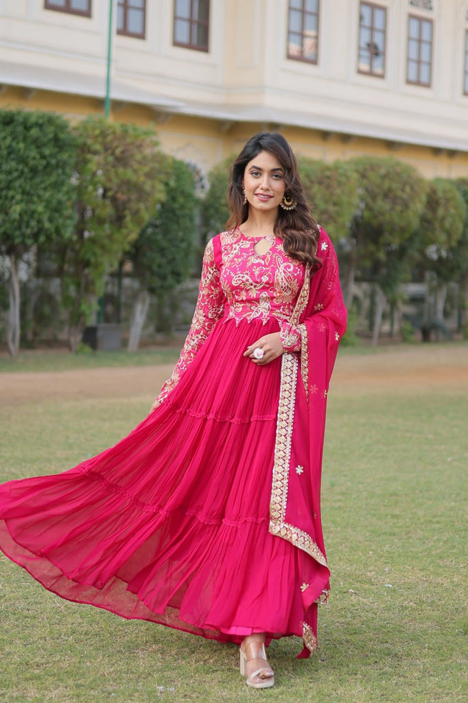 Pink Stunning Faux Georgette Gown Dupatta Collection in Vibrant Colors ClothsVilla