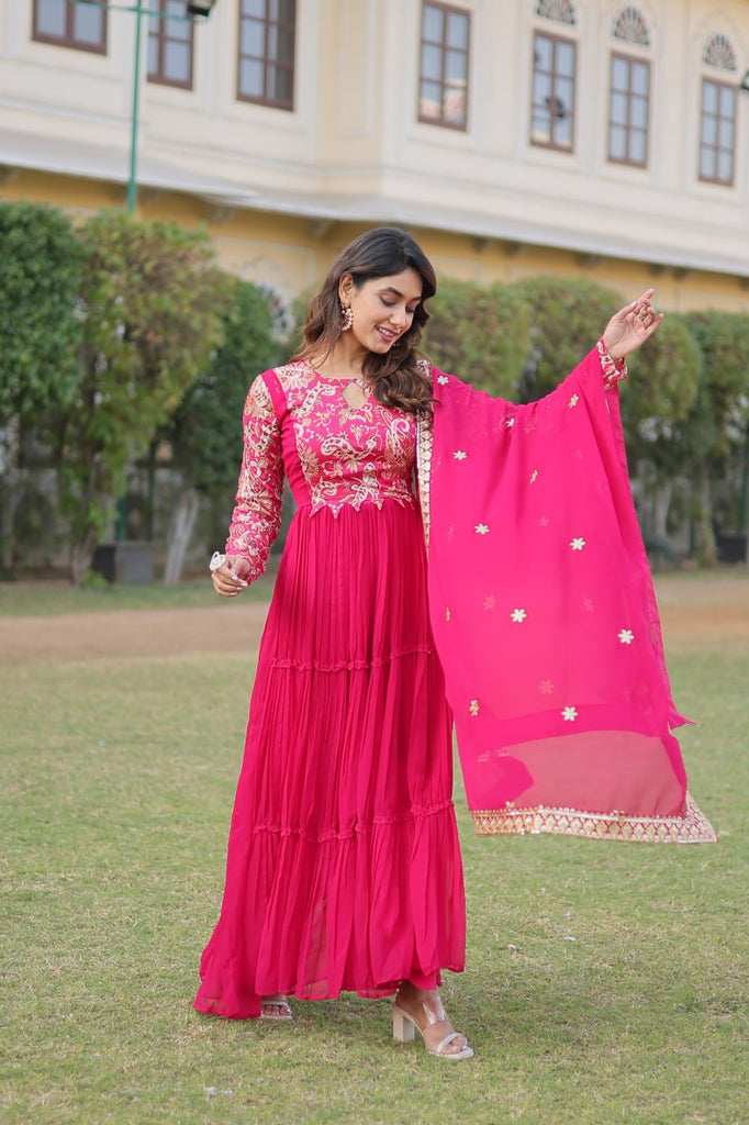 Pink Stunning Faux Georgette Gown Dupatta Collection in Vibrant Colors ClothsVilla