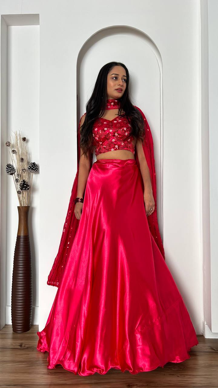 Pink Stunning Japan Satin Silk Lehenga Set with Sequins