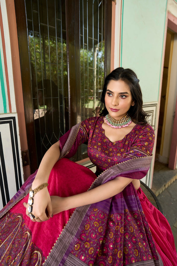 Pink Tussar Silk Lehenga Choli with Stunning Kashmiri Foil Print - Perfect for Weddings & Festivals ClothsVilla