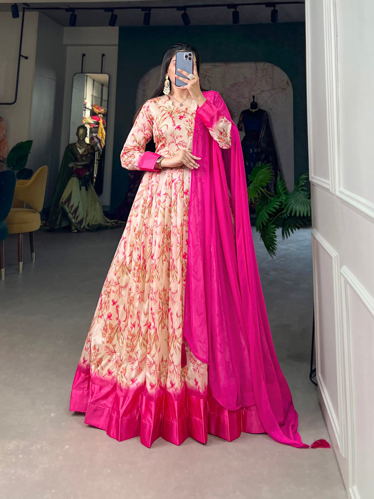 Pink Tussar Silk Printed Gown with Foil Detailing & Chiffon Dupatta ClothsVilla