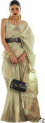 Pista Embroidered Banarasi Tissue Saree with Tassels ClothsVilla