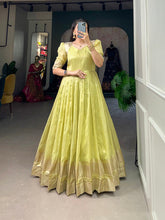 Load image into Gallery viewer, Pista Green Handwoven Khadi Organza Gown with Exquisite Zari Detailing ClothsVilla