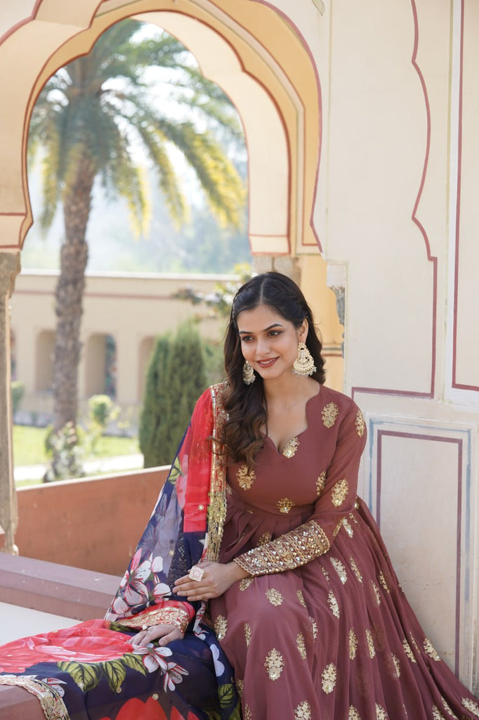 Premium Brown Designer Readymade Faux Georgette Gown with Zari & Sequin Embroidery, V-Neck, Full Sleeves & Dupatta ClothsVilla