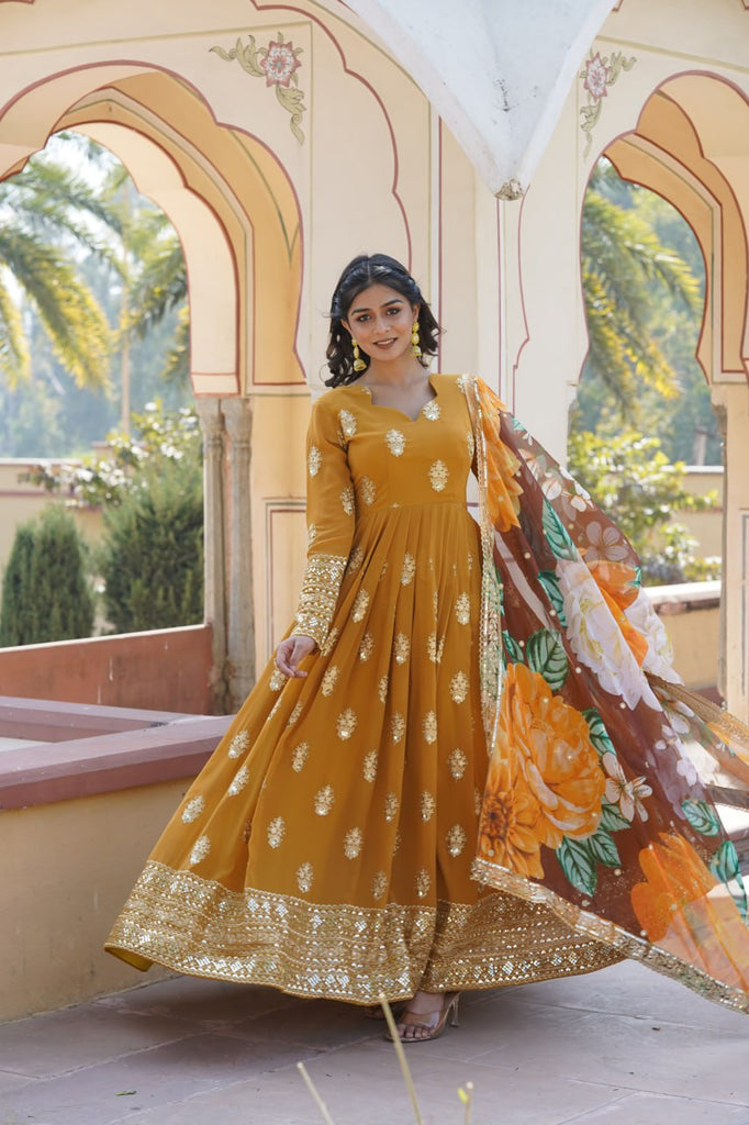 Premium Mustard Designer Readymade Faux Georgette Gown with Zari & Sequin Embroidery, V-Neck, Full Sleeves & Dupatta ClothsVilla