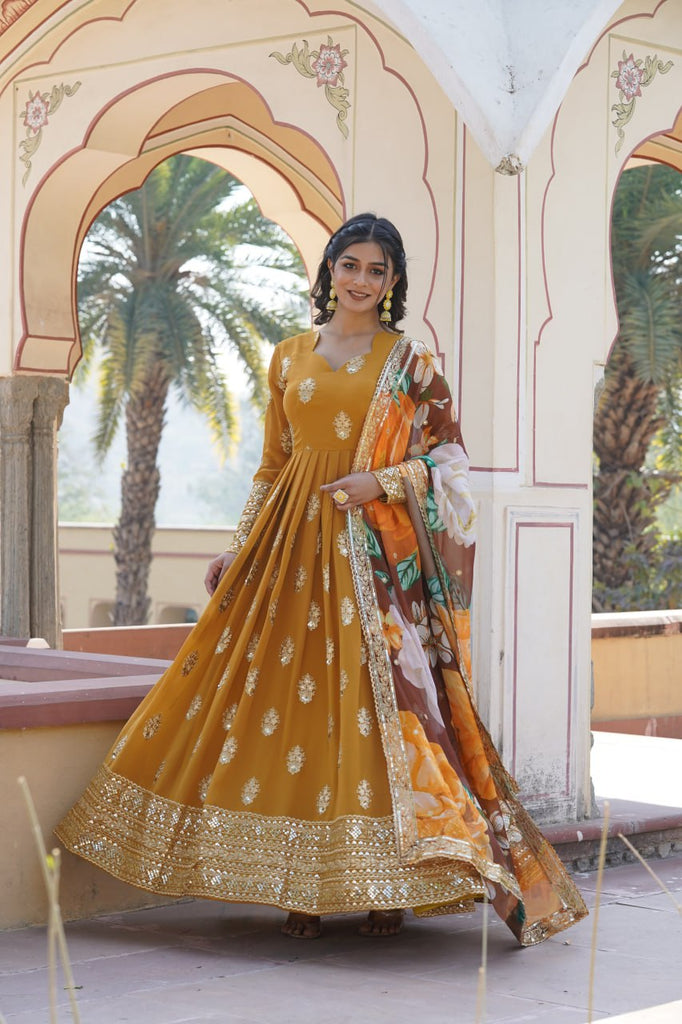 Premium Mustard Designer Readymade Faux Georgette Gown with Zari & Sequin Embroidery, V-Neck, Full Sleeves & Dupatta ClothsVilla