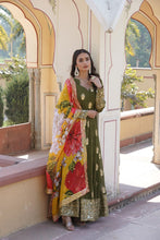 Load image into Gallery viewer, Premium Olive Green Designer Readymade Faux Georgette Gown with Zari &amp; Sequin Embroidery, V-Neck, Full Sleeves &amp; Dupatta ClothsVilla