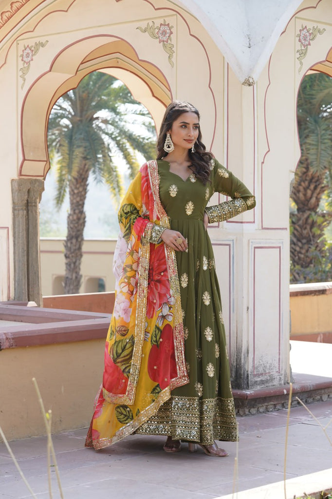 Premium Olive Green Designer Readymade Faux Georgette Gown with Zari & Sequin Embroidery, V-Neck, Full Sleeves & Dupatta ClothsVilla