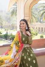 Load image into Gallery viewer, Premium Olive Green Designer Readymade Faux Georgette Gown with Zari &amp; Sequin Embroidery, V-Neck, Full Sleeves &amp; Dupatta ClothsVilla