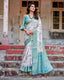 White and Aqua Floral Digital Print Banarasi Silk Saree with Zari Weave and Tassel-Adorned Pallu BANARASI PRINTED