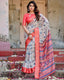 Ivory Tussar Silk Saree with Coral Zari Border and Intricate Floral Motifs DIGITAL PRINT