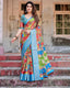 Multicolor Folk Art Inspired Digital Print Tussar Silk Saree with Sky Blue Zari Border DIGITAL PRINT