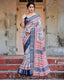 Ivory and Navy Blue Tussar Silk Saree with Floral Elegance and Ornamental Zari Work DIGITAL PRINT