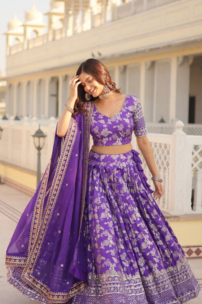 Purple Designer Dyeable Pure Viscose Jacquard Fabric Lehenga Choli & Dupatta Set ClothsVilla