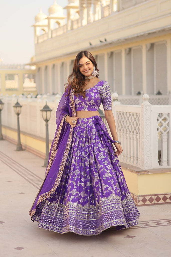 Purple Designer Dyeable Pure Viscose Jacquard Fabric Lehenga Choli & Dupatta Set ClothsVilla