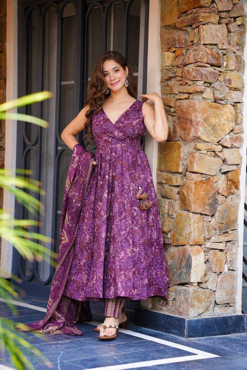 Purple Digital Printed Cotton Anarkali Suit Set with