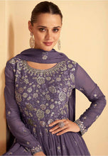 Load image into Gallery viewer, Purple Embroidered Georgette Anarkali Lehenga Suit
