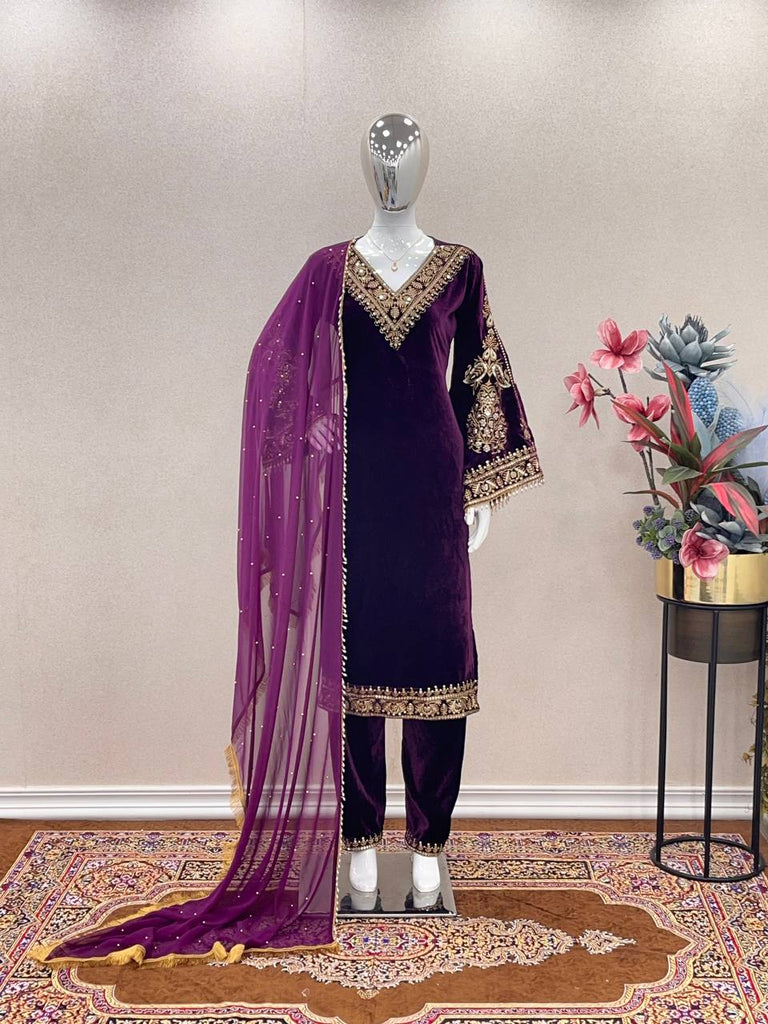 Purple Fancy Bell Sleeve Green Color Velvet Salwar Suit Clothsvilla