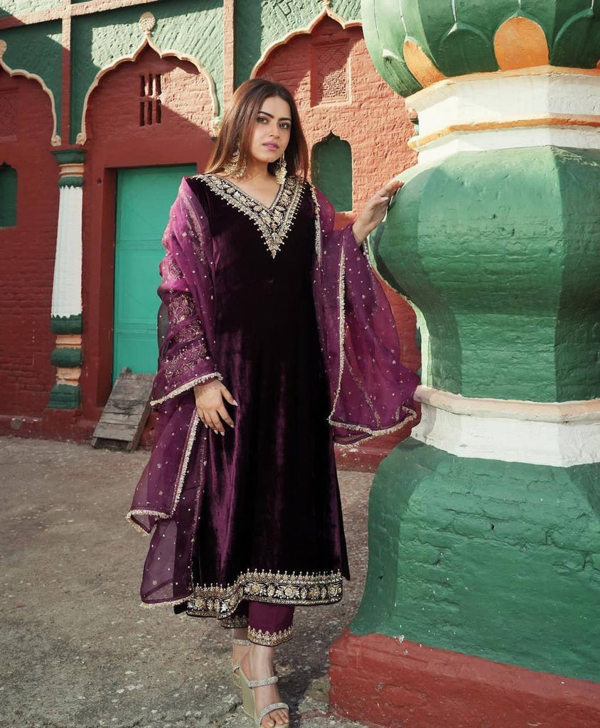 Purple Fancy Bell Sleeve Green Color Velvet Salwar Suit Clothsvilla