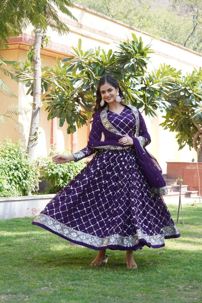 Purple Faux Blooming Sequin Embroidered Gown with Dupatta ClothsVilla