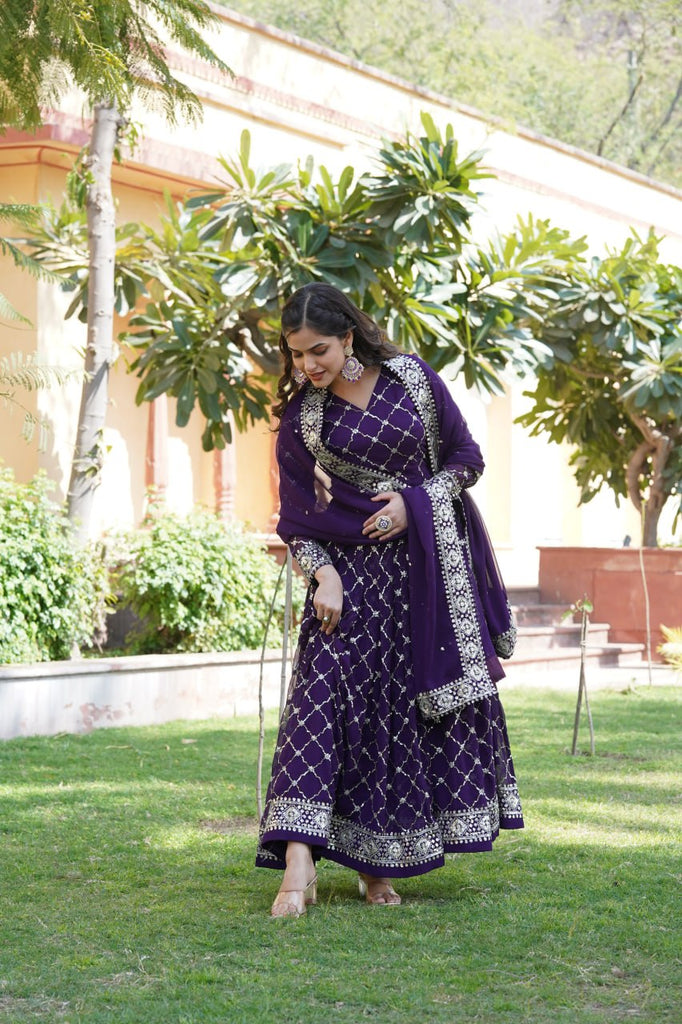 Purple Faux Blooming Sequin Embroidered Gown with Dupatta ClothsVilla