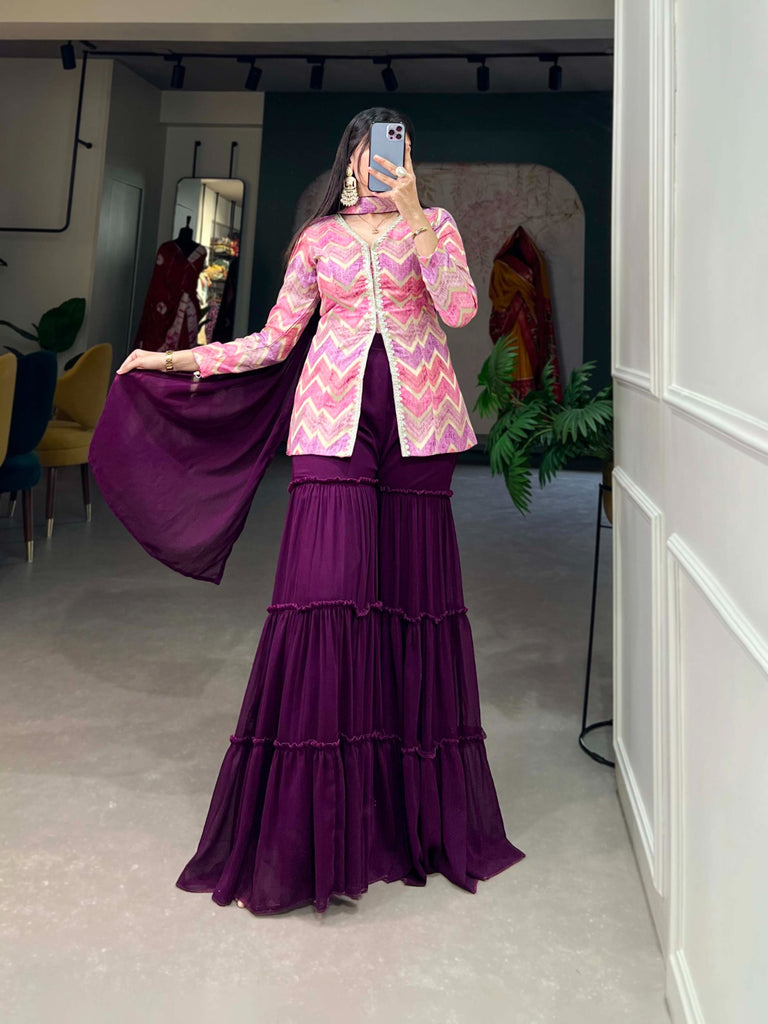Purple Position Print Comfort Kurta Set with Palazzo Pants and Dupatta ClothsVilla