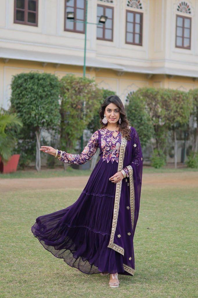 Purple Stunning Faux Georgette Gown Dupatta Collection in Vibrant Colors ClothsVilla