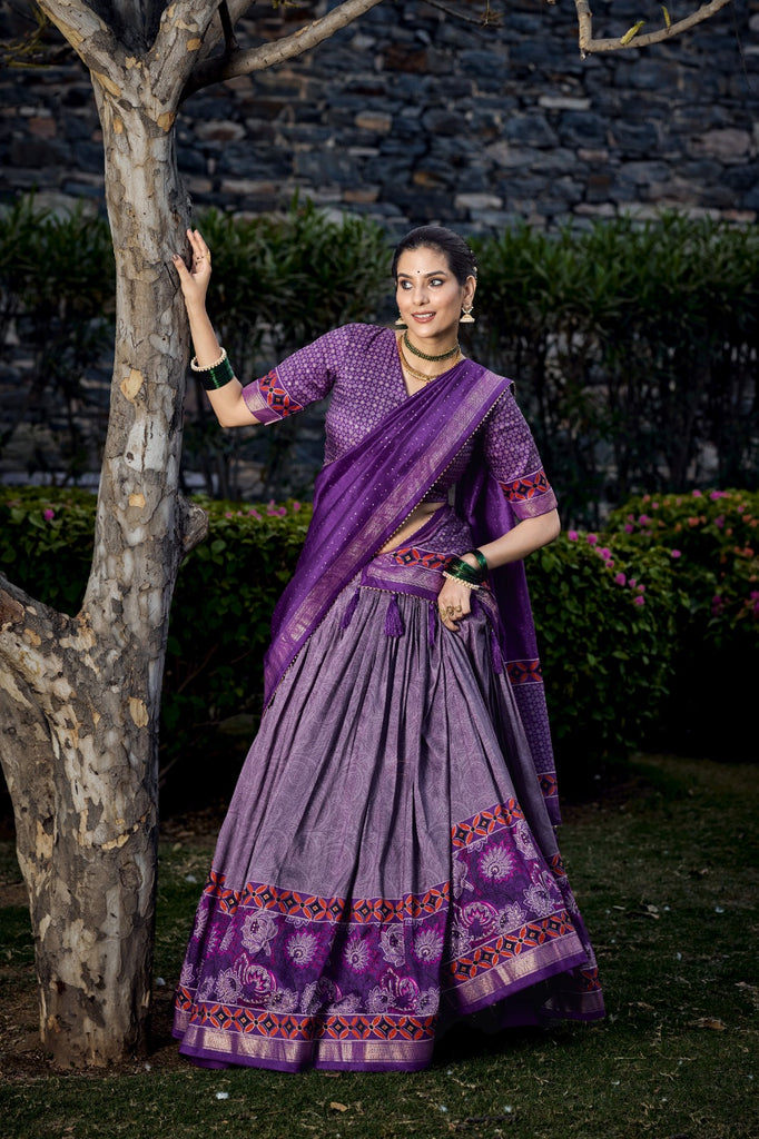 Purple Tussar Silk Lehenga Choli with Exquisite Foil Print Florals ClothsVilla