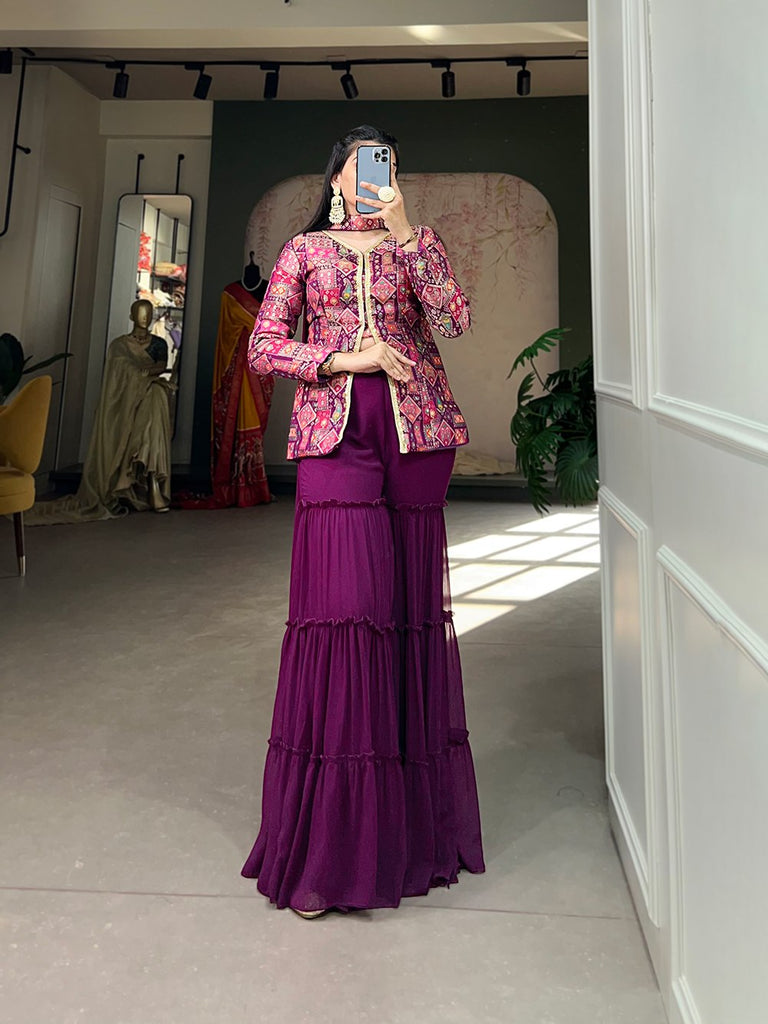 Purple Viscose Jacquard Kurta Palazzo Set with Weaving Work and Printed Detailing (Copy) ClothsVilla