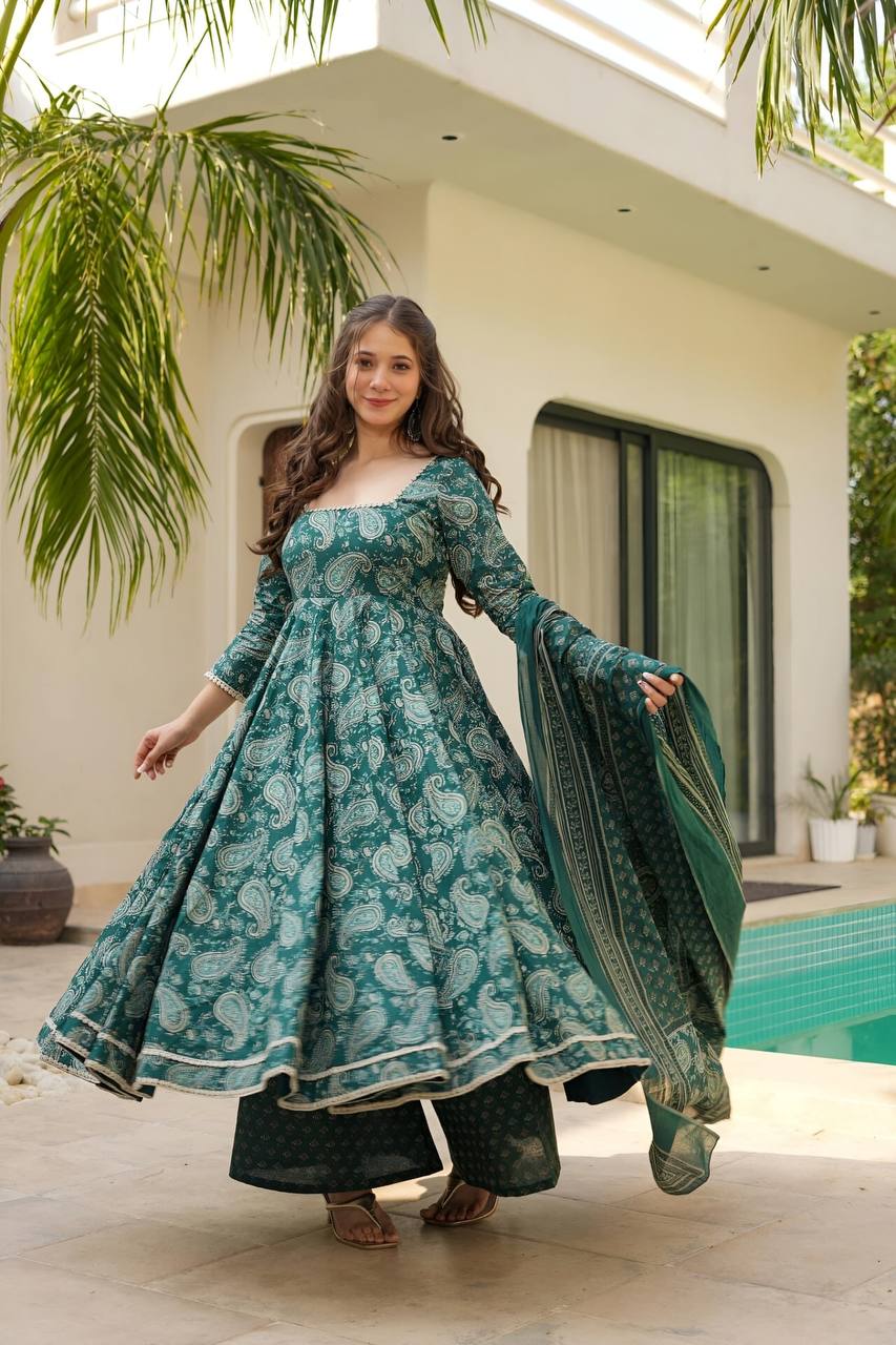 Rama Designer Maslin Digital Print Anarkali Suit with White Embroidery Lace & Matching Dupatta XS