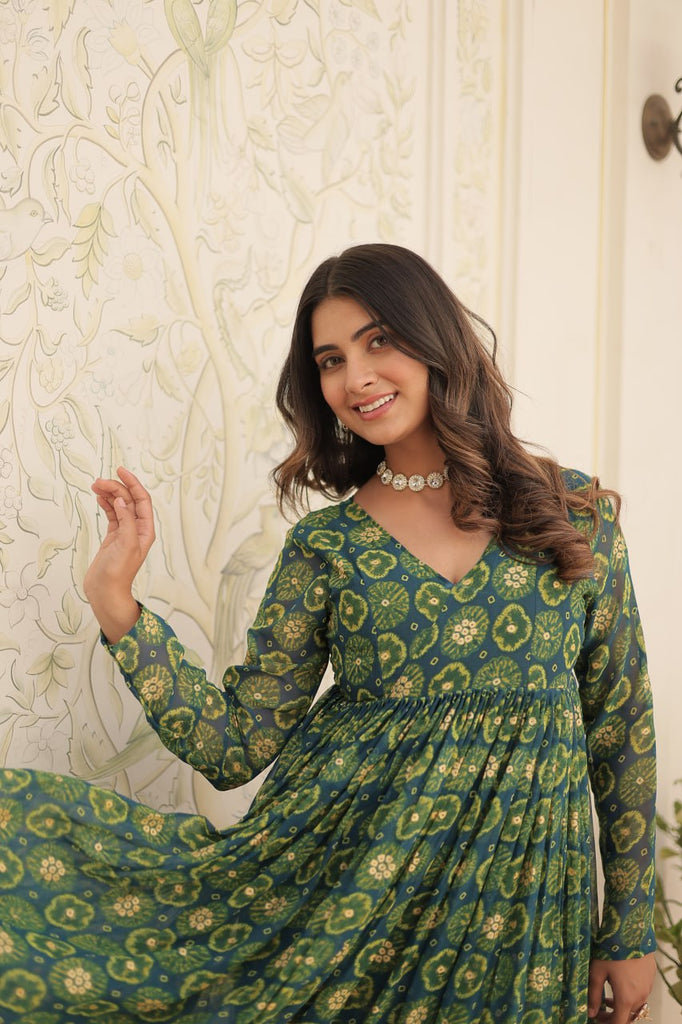Rama Green Faux Georgette Foil Print Readymade Top with Pant Set ClothsVilla