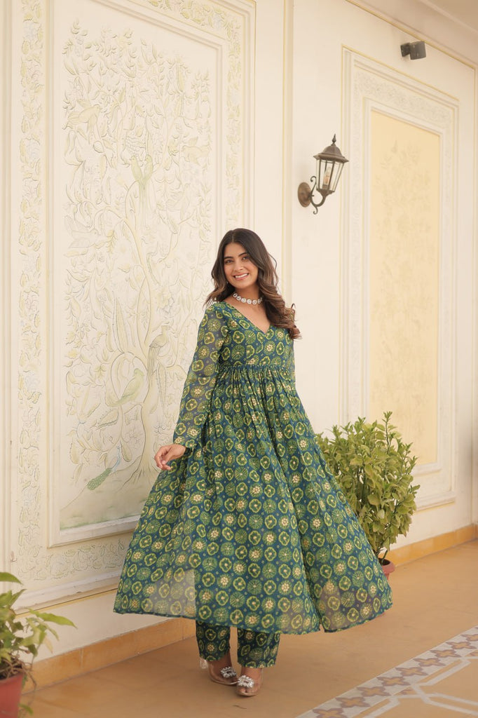 Rama Green Faux Georgette Foil Print Readymade Top with Pant Set ClothsVilla