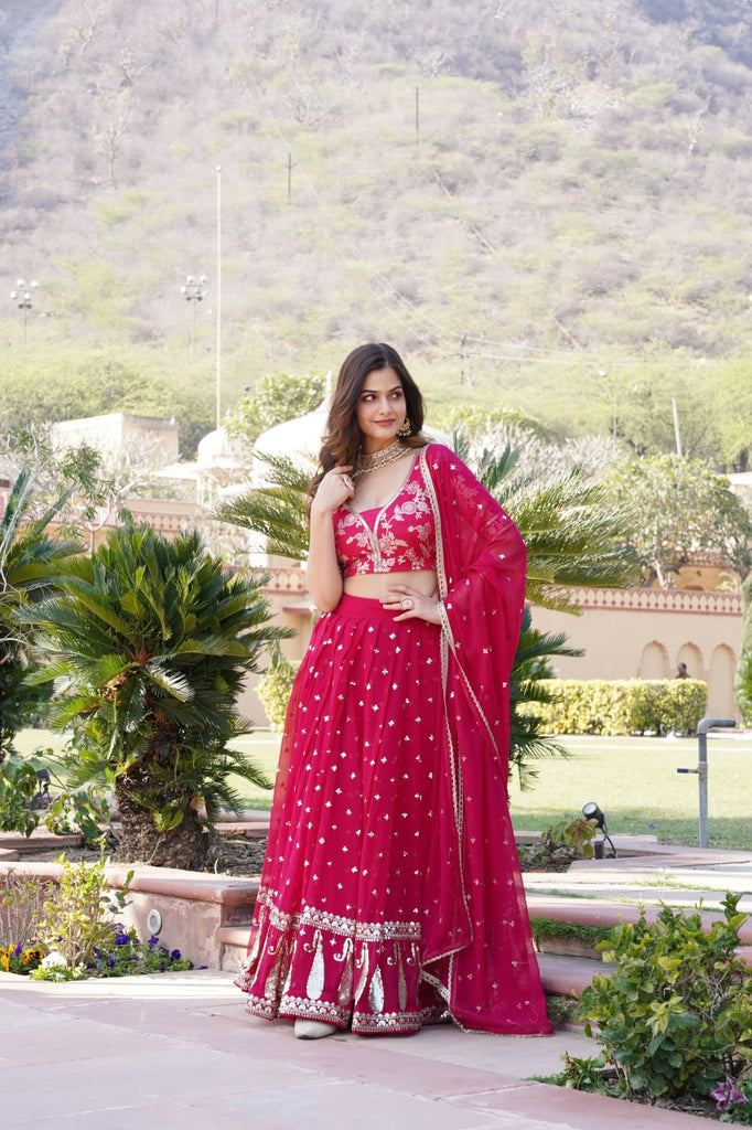 Rani Pink Designer Faux Blooming Lehenga Choli with Shimmering Sequins & Lace ClothsVilla