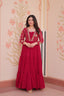 Rani Pink Faux Blooming Fabric Embroidered Gown with 12-Meter Flair & Fancy V-Neck Design ClothsVilla
