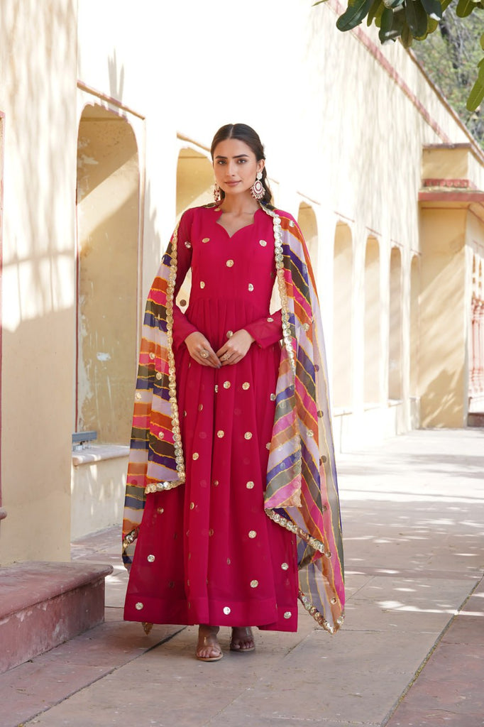 Rani Pink Premium Designer Readymade Gown with Embroidered Zari & Sequins ClothsVilla