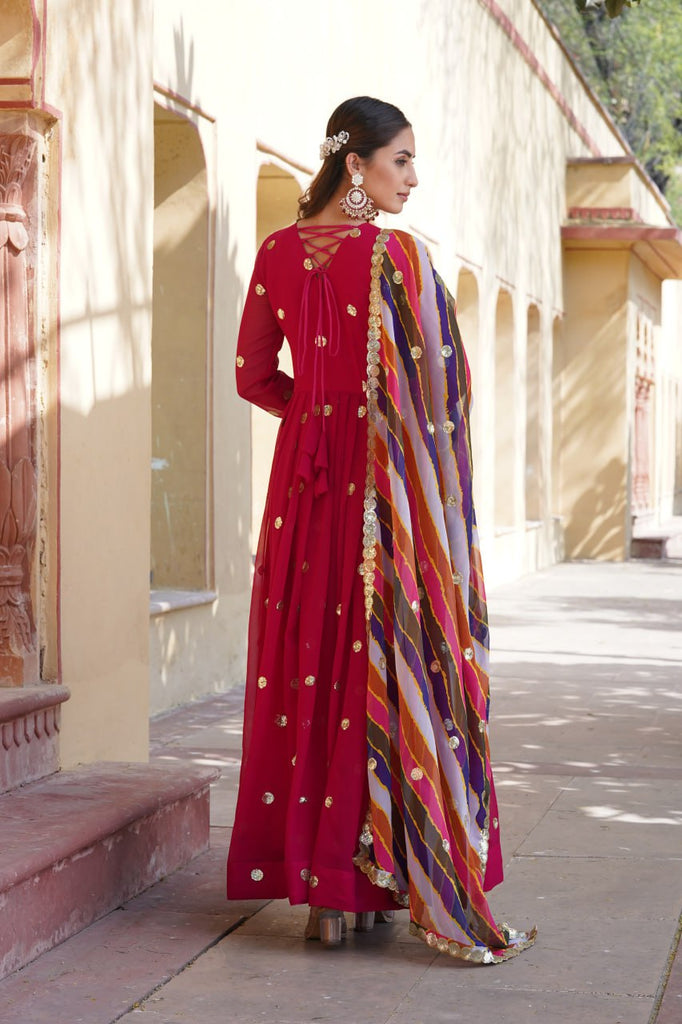 Rani Pink Premium Designer Readymade Gown with Embroidered Zari & Sequins ClothsVilla