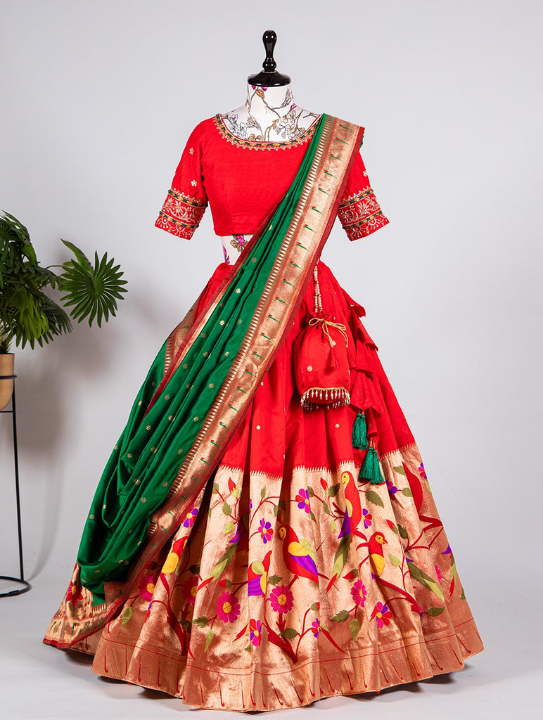 Red Color Exquisite Handwoven Paithani Lehenga Choli: Be the South Indian Bride of Your Dreams ClothsVilla