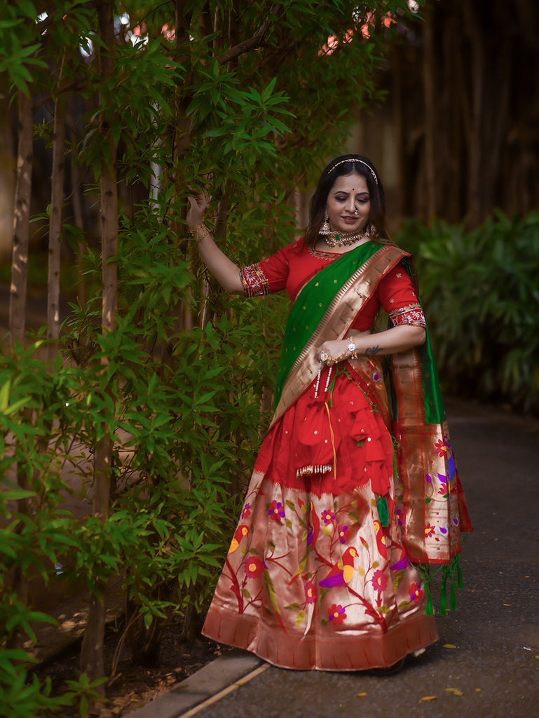 Red Color Exquisite Handwoven Paithani Lehenga Choli: Be the South Indian Bride of Your Dreams ClothsVilla