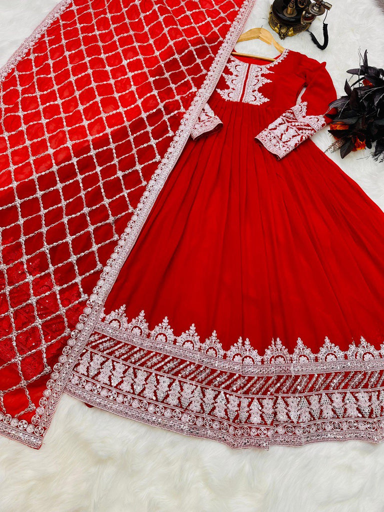 Red Fox Georgette Gown with Sequin Embroidery and Matching Dupatta ClothsVilla