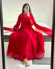 Load image into Gallery viewer, Red Heavy Georgette Gown with Pom Pom Work, Potli Buttons and Chudidar Sleeves ClothsVilla