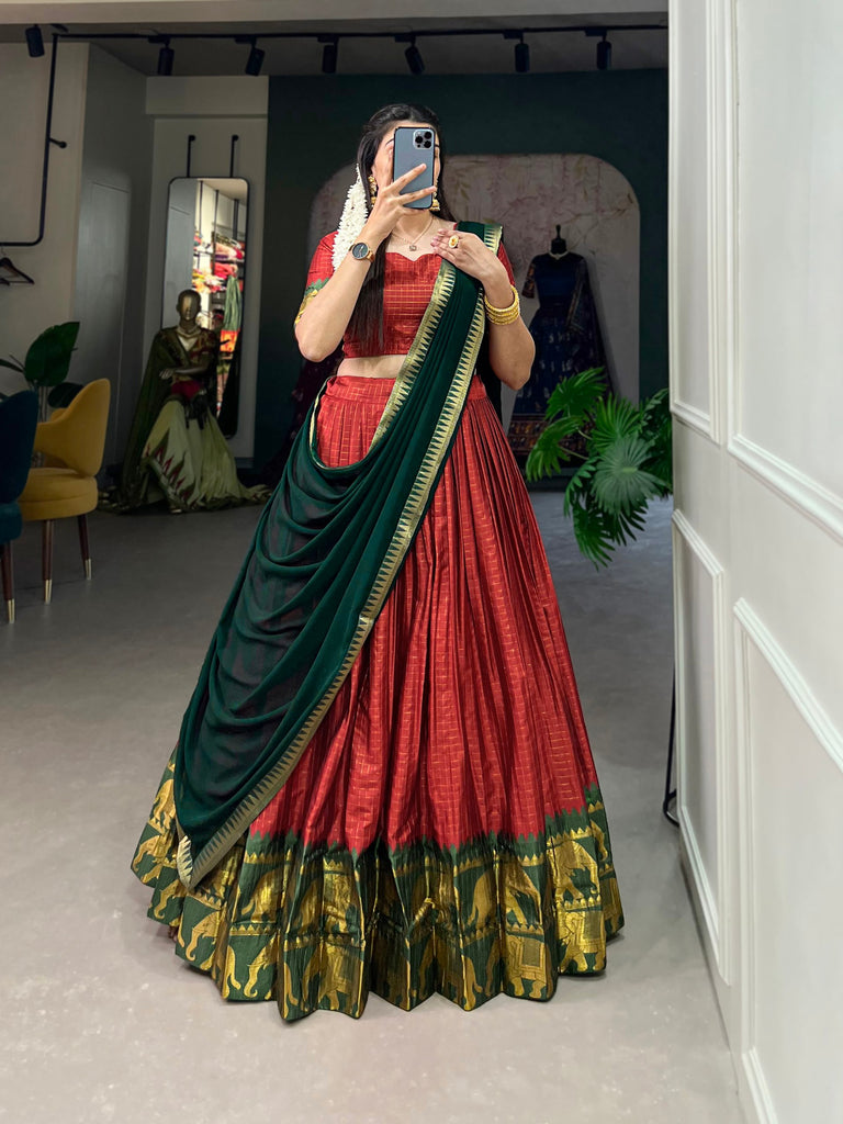 Red Kalyani Cotton Lehenga Choli Set with Flowy Georgette Dupatta for Timeless Elegance ClothsVilla
