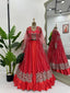 Red Luxe Radiance Lehenga Choli Set with Stylish Koti – Japan Satin & Butterfly Net with Sequin Embroidery ClothsVilla