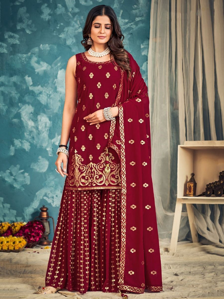 Red Pakistani Georgette Sharara For Indian Festivals & Weddings - Sequence Embroidery Work, Zari Work Clothsvilla