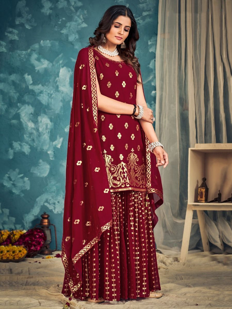 Red Pakistani Georgette Sharara For Indian Festivals & Weddings - Sequence Embroidery Work, Zari Work Clothsvilla