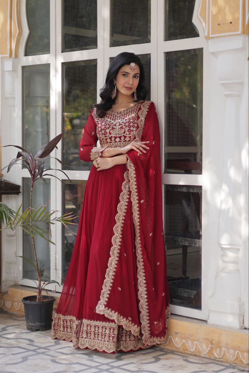 strapless open back dress Red Premium Designer Readymade Gown with Dupatta Collection Elegant Embroidered Faux Blooming Design XXL