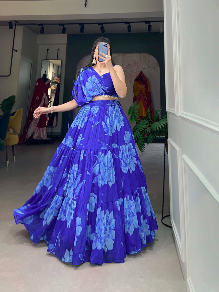 Royal Blue Floral Chiffon Lehenga Co-ord Set ClothsVilla