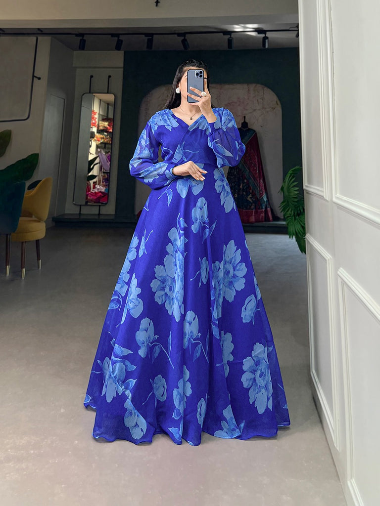 Royal Blue Ready-to-Wear Chiffon Gown with Floral Print ClothsVilla