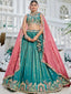 Sea Green Golden Satin Lehenga Choli Set with Embroidered Dupatta Indian Bridal Outfit ClothsVilla