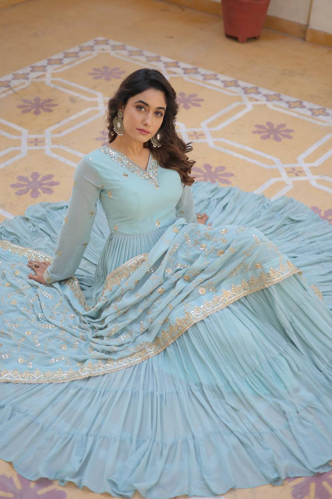 Sky Blue Captivating Unique Colored Faux Georgette Embroidered Gown with Sequined Dupatta ClothsVilla